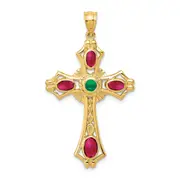 14K Yellow Gold Ruby And Emerald Cabochon Cross Pendant