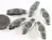 6 Antiqued Silver 10x21mm Oval Flat Floral Design Beads with 1.3mm Hole *