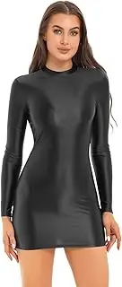 [Vxuxlje] Women's Glossy Sheer Long Sleeve Bodycon Mini Dress Smooth Silky Club Party Pencil Dress