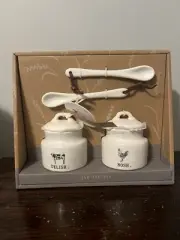 Rae Dunn Ivory W/Blk LL “DELISH”/Cow, “NOSH”/Chicken Jam Jar Set W/2 Spoons BNIP