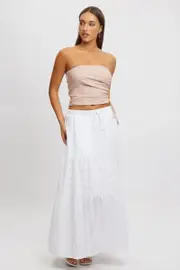 White Tiered Maxi Skirt High Rise Elastic Waist Lined - Size 16XL, Women's Maxi Skirt