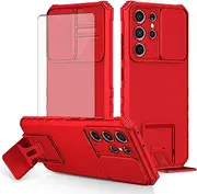 [Asuwish] Phone Case for Samsung Galaxy S21 Ultra 5G with Tempered Glass Screen Protector and Slide Camera Cover Kickstand Stand Protective Cell Accessories S21ultra 21S S 21 21ultra G5 Women Men Red
