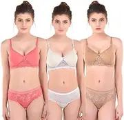 [FUNAHME] Women's Light Padded Honeymoon Bra and Panty Set for Girls Women's Combo Multicolored (Pack of 3)
