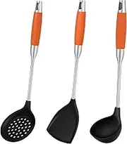 3 Pcs Wok Spatula Set Includes Wok Spatula Soup Ladle and Slotted Spoon, Skimmer Ladle Tool Set, Silicone Kitchen Utensil Set with Ergonomic Handle for Cooking