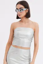 Metallic Corset Top Sleeveless Strapless Bandeau PU Silver - Size 8, Women's Crop Top