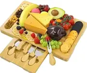 UNIQLY - Bamboo Cheese Board and Knife Set with Drawer, Large Wooden Serving Platter for Fruits and Crackers, Slide-Out Drawer, Ideal for Parties, Weddings, and Entertaining.