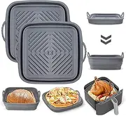 2 Pack Foldable Air Fryer Silicone Liners, 8.5inch Square Non-Stick Air Fryer Silicone Baking Tray, Heat Resistant Air Fryer Basket for 5 to 8 QT Oven Microwave Accessories (Grey)
