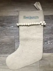 Beige Wool Pottery Barn Tassel Christmas Stocking Monogram “Benjamin” On Back