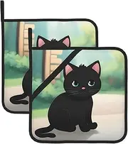 Black Cute Cat Potholders BBQ Pot Holders for Heat Resistant Potholder, Hot Pads,Cooking Baking(2-Pack)