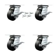 4 Inch Rubber on Steel Caster Set with Ball Bearings and Brakes/Swivel Locks SCC