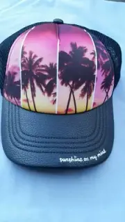 NEW No Boundaries Women's Tropical Hat OSFM Black Faux Leather Mesh Palm Trees