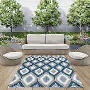XCELERATOR Large Outdoor Rug for Patio, Reversible Portable Camping Rug, Weather Proof Plastic Straw Rug for RV Deck Camper Balcony, Positano Blue and White