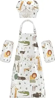AIXIWAWA Kids Apron Chef Hat Set, Child Kitchen Bib Aprons Adjustable for Cooking Baking Painting (Cartoon Funny Animal)