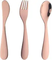 TEAHAHA Children Cutlery Set Metal, 3 Pcs Stainless Steel Kids Flatware Set with Knife/Fork/Spoon, Todler Silverware Healthy & Mirror Polished, Dishwasher Safe (Rose Gold)