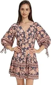 [Heychic] Boho V-Neck Navy Peach Floral Mini Dress Balloon Sleeves Tiered Summer Casual Beach Party Dress