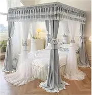 4 Corner Post Ruffle Edge Bed Canopy Mosquito net, Romantic Decorative Bed Curtain for s' Princess Room Bedroom, with Metal Support (Color : Gray-1, Size : 180X220cm/71X87in)