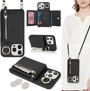 ELTEKER Mobile Phone Case for iPhone 15 Pro Max, Case with Strap, Card Slot, Mobile Phone Chain Ring Holder, Wallet, Leather Flip Case, Shoulder Bag, Mobile Phone Case for iPhone 15 Pro Max - Black