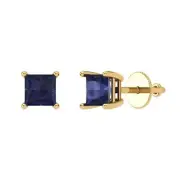 1.5ct Princess Cut Blue Sapphire Stud Earrings 14k Yellow Gold Screw Back