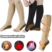 Women Men Zip Sox Compression Open Toe Socks Leg Support Stockings Zipper Copper