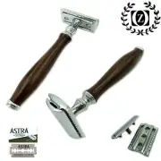 NEW VINTAGE WOODEN HANDLE DOUBLE EDGE SAFETY RAZOR FOR HIM + 5 ASTRA BLADES FREE