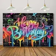 Rcoaror Neon Happy Birthday Backdrop Glow in The Dark Brick Wall,Funny Graffiti & Colorful Painting Splatter Backdrop Modern Photography Background Photo Shoot Props & Party Decorations 71X47inch