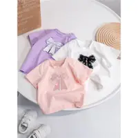 在飛比找ETMall東森購物網優惠-女童2023年新款夏季韓版棉短袖T恤時髦洋氣可愛蝴蝶結3女寶