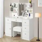 Dressing Table w/5 Drawers LED Light Mirror Stool Set Makeup Desk Vanity Table