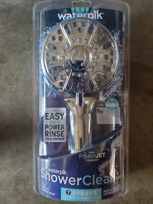 New Waterpik ShowerClean With Power Jet 7-Spray Shower Head Chrome.