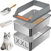 Yoochee Stainless Steel XL Sifting Cat Litter Box with Lid, Ideal for Large Cats & Multi-Cat Families, High Sided, Odor Control, Includes Litter Bags, Scoop & Mat