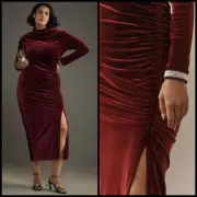 Anthropologie Maya Ruched Cowl-Neck Velvet Long-Sleeve Dress LARGE PETITE Red