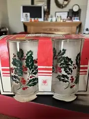 Vintage CRISA Clearly Glassware HOLLY & BERRIES GLASSES - Set of 4 Christmas NIB