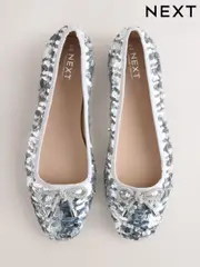 Silver Sequin Standard/Wide Fit Forever Comfort® Round Toe Ballerina Shoes (F24227) | $66