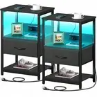 Nightstand Set Of 2 LED Bedside end Table With Charging Station Drawer Storage
