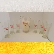 1970s COORS Banquet 64oz Glass Pitcher & 6 Pilsner Glasses Barware Man Cave Dad