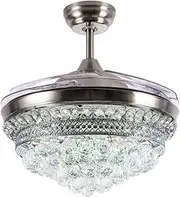 Lighting Groups Reversible Retractable 42" Invisible Ceiling Fan Chandelier with LED Light and Remote Control, 4 Clear ABS Blade, Livingroom Fandelier Indoor Crystal Ceiling Light with Fans (Chrome)