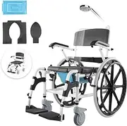 VEVOR Shower Wheelchair, 17.5in Width Aluminum Alloy Bathroom Wheelchair for Inside Shower, Adjustable Rolling Shower Chair w/Brake for Disabled Adult, 300 lbs Capacity Shower Commode Transport Chair