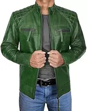 Mens Cafe Racer Motorcycle Green Leather Jacket Mens Quilted Vintage Retro Biker Jacket, X-Small