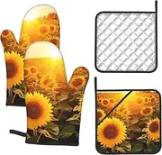 4 pcs Oven Mitts and Pot Holders Set 500°F Heat Resistant Oven Gloves and Hot Pads Kitchen Mittens Sunshine Sunflower Field Cooking Gloves Potholders for Baking Grilling