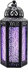 CVHOMEDECO. Decorative Candle Lantern Moroccan Lanterns Vintage Black Metal Lantern Holder for Home Patio Outdoor Decor. Purple Glass, Medium
