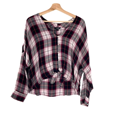 Express Plaid Tie Front Long Sleeve Blouse in Pink