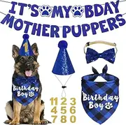 JOTFA Dog Birthday Party Supplies, Multi Sizes Dog Birthday Hat with Numbers Bandana Bow Tie It’s My Bday Mother Puppers Sign Banner for Large X-Large Dogs Pets (X-Large, Blue)