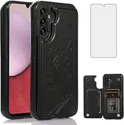 [Asuwish] Phone Case for Samsung Galaxy A14 5G with Tempered Glass Screen Protector Card Holder Wallet Cover Stand Flip Leather Cell Accessories Glaxay M14 A 14 4G 14A 14M G5 Cases Women Men Black