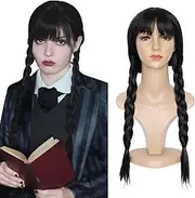 QUEENTAS Braided Long Black Wigs for Women with Bangs for Cosplay Synthetic Hair Wig
