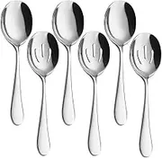 Large Serving Spoons Set - 6 Piece Stainless Steel Utensils With 3 Regular and 3 Slotted Spoons for Buffet, Catering, Party, Banquet - Dishwasher Safe