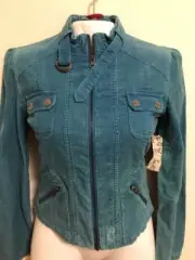 O’neill Corduroy Teal Blue Tailored Cropped Jacket Front Zipper, Junior Medium