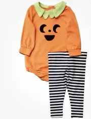 Infant Orange Pumpkin Halloween Bodysuit & Stripe Pants Set Size 12 Months