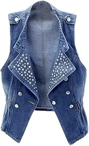 [OFFSUM] Women'S Denim Vest - Rivet Stand Collar Denim Vest Spring Summer Korean Style Sleeveless Single Breasted Solid Color Jacket Clothing Top