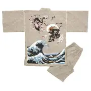 Japanese Jinbei Shijira Weave Fūjin Raijin & Waves Design Natural Color New