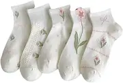 [Alafime] 5 Pairs Cute Crew Ruffle Socks for Women Girls Cottagecore Floral Low Cut Sock Summer Aesthetic Cotton Clothes