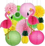 Flamingo & Pineapple Honeycomb Ball Paper Lanterns, Paper Fans, Pom poms Flowers for Baby Shower, Bachelorette, Luau Hawaiian Pineapple Tropical Summer Theme Party